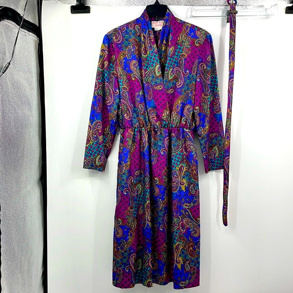Vintage Ann Kirk Petite Bold Paisley Jacquard Faux Wrap Dress Size 14 USA